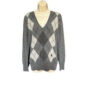 Burberry London Size Large Cashmere Classic Argyle Gray V-Neck Sweater Logo